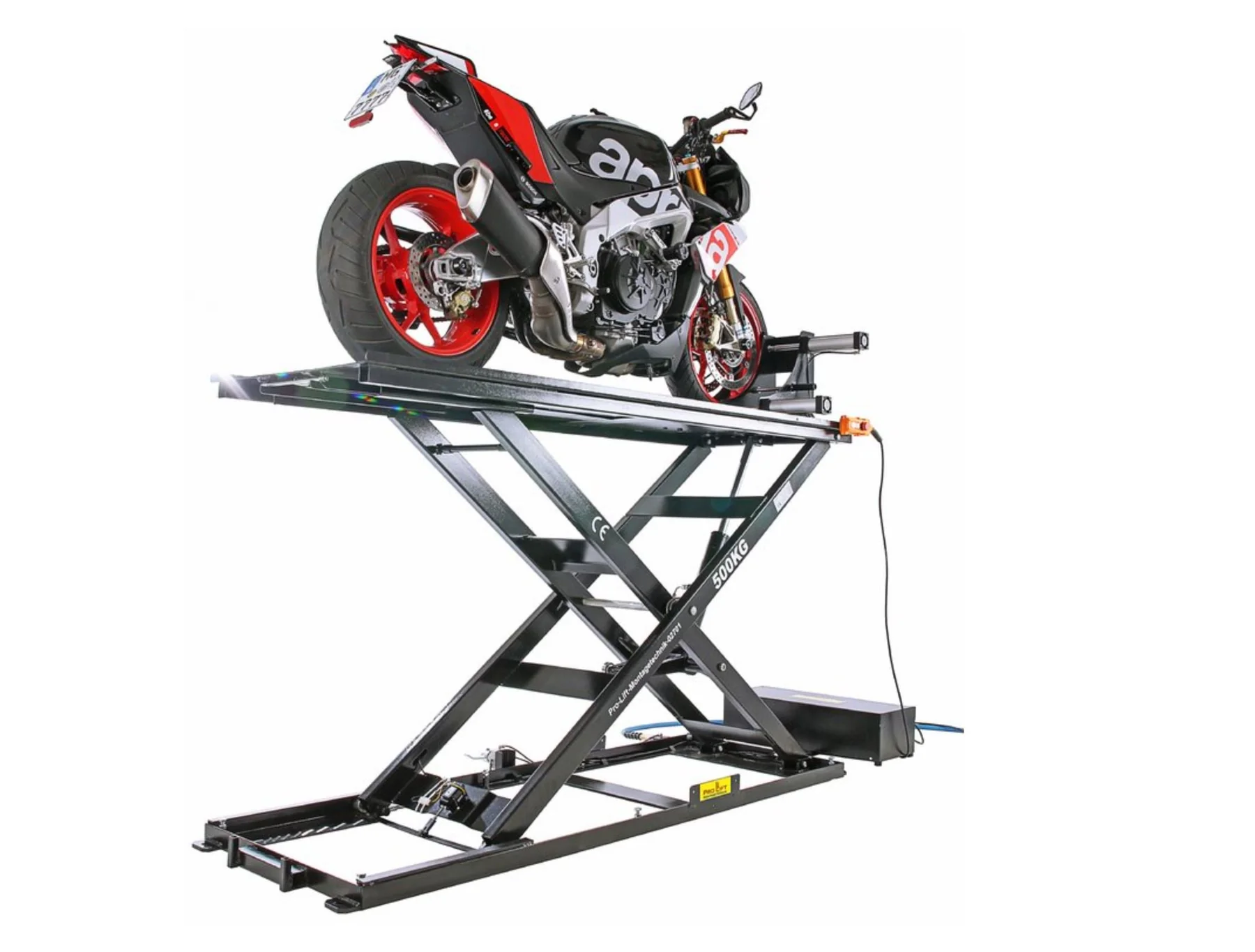 Motorcycle lift scissor lift table 500 kg, 1250 mm lifting height, 230V electric drive